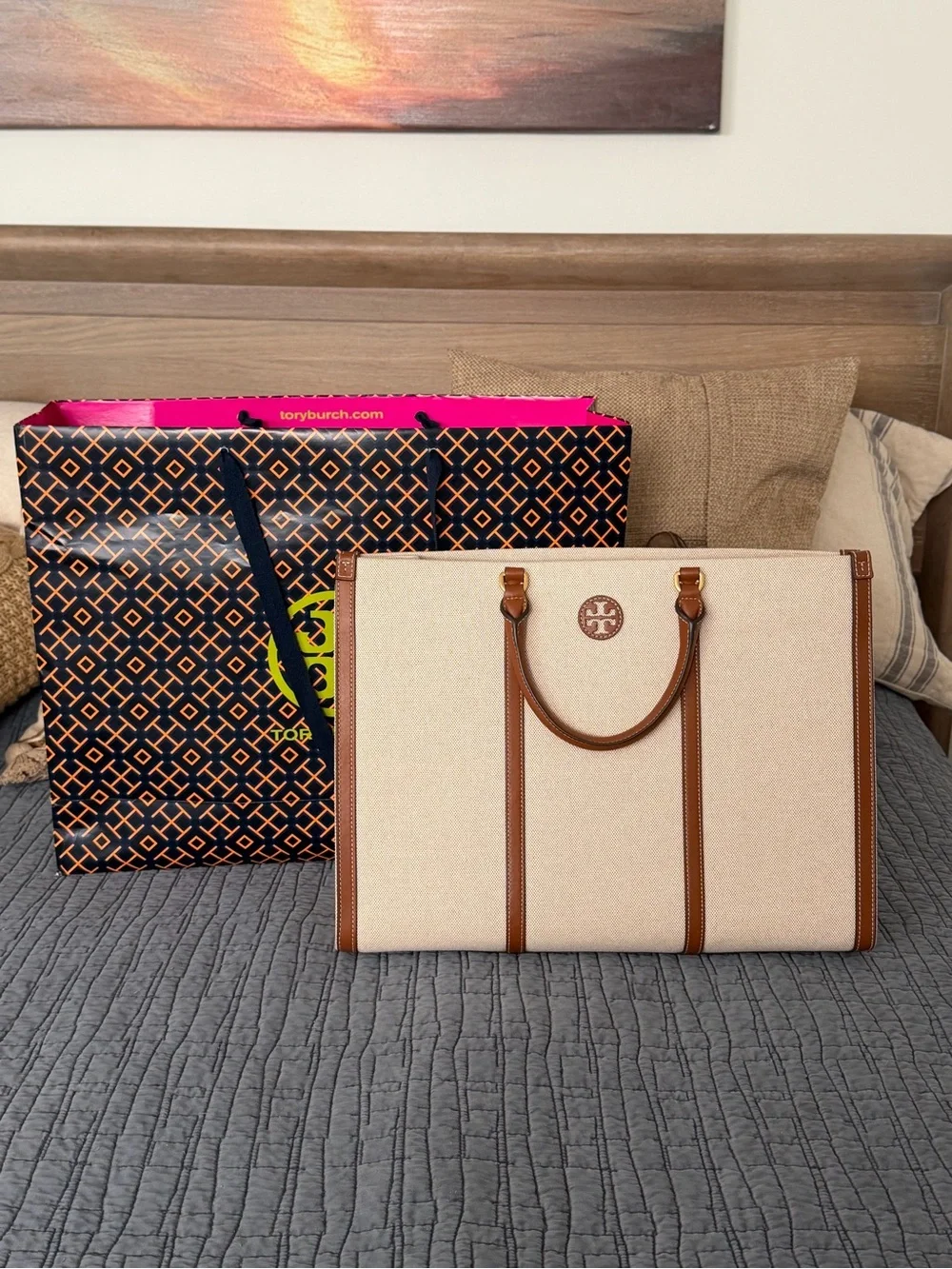 Tory Burch Blake Canvas Tote with Brown Leather Trim